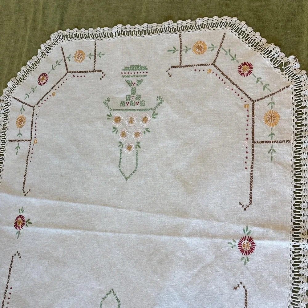 VTG Gorgeous Handmade Cross Stitch Table Cover / Dresser Cover Lace Edge 36.5x27